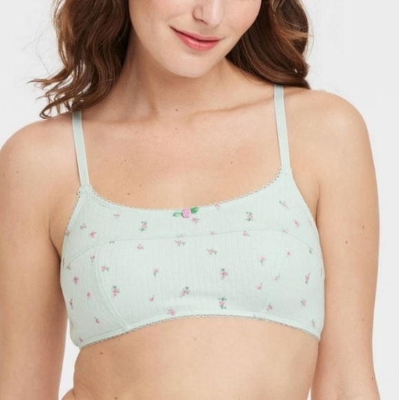 New Target Colsie Light Green & Pink Rose Floral Ribbed Stretch Bralette - Picture 1 of 7
